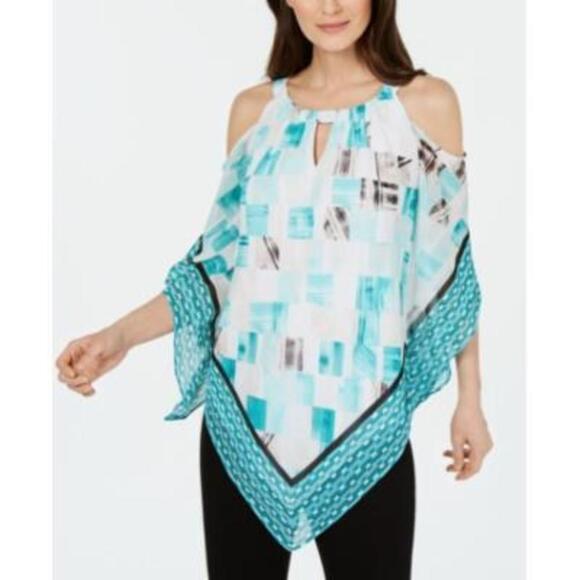 Alfani Womens Teal Cold Shoulder Printed Keyhole Party Top XL - Picture 1 of 1
